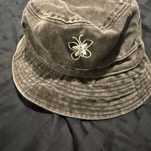 Gray Bucket Hat with Butterfly Embroidery